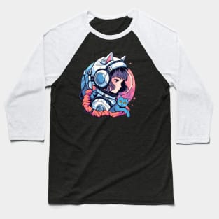 Female Astronaut and Blue Cat Baseball T-Shirt